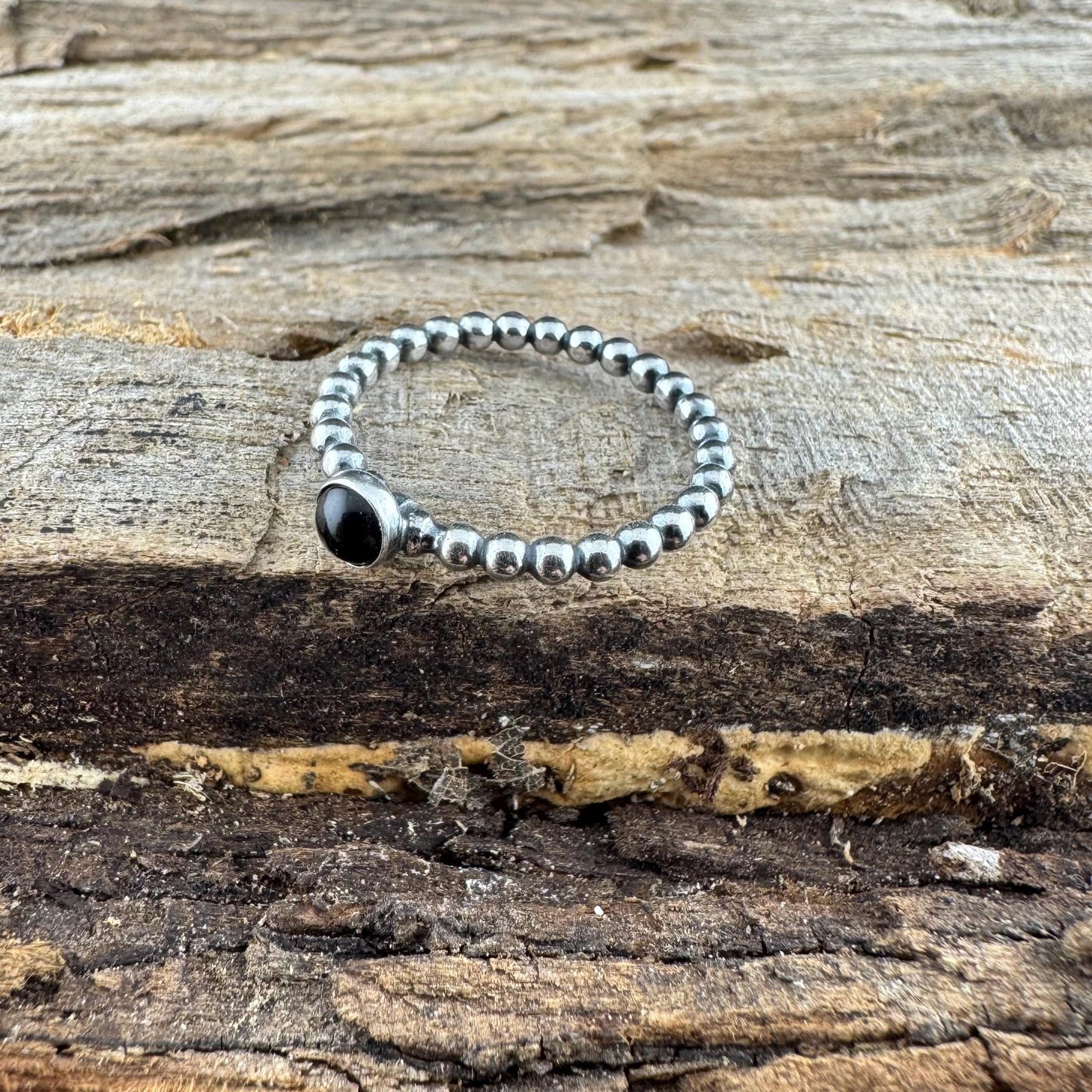 Sterling Silver Black Onyx Cabochon Ring | Minimalist Beaded Wire Stackable Band