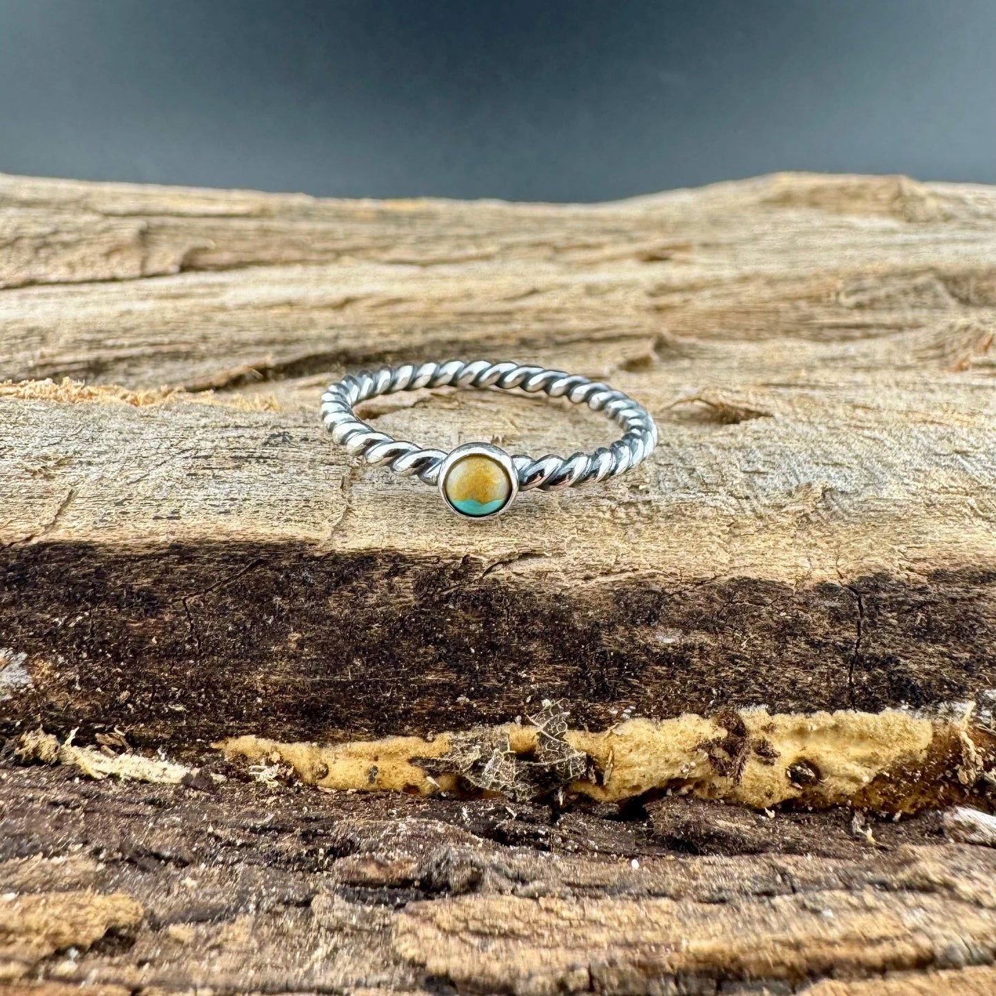 Sterling Silver Turquoise Cabochon Ring | Minimalist Rope Twist Wire Stackable Band