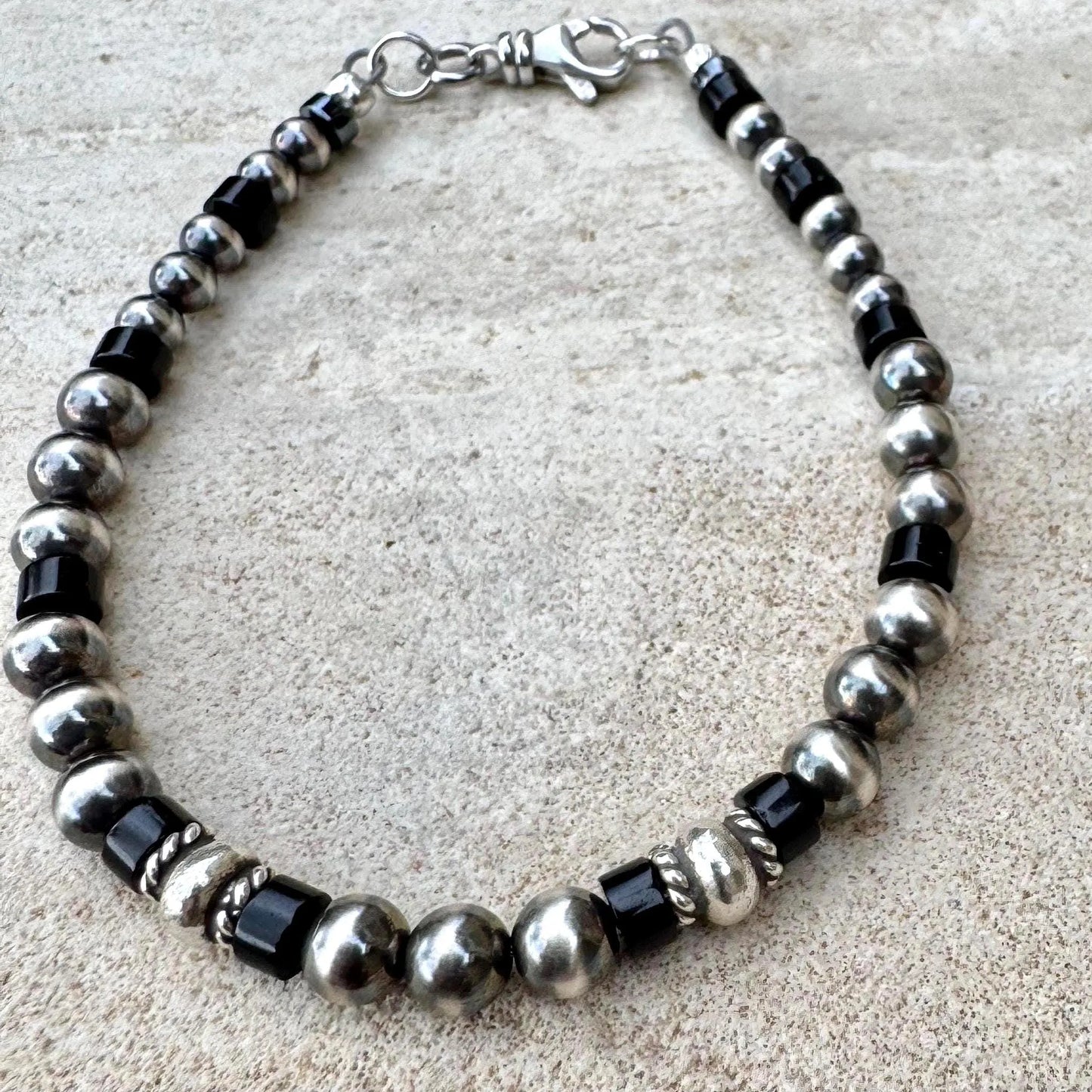 Unisex Onyx & Hematite Bracelet • Sterling Silver Desert Pearls • Modern Southwestern