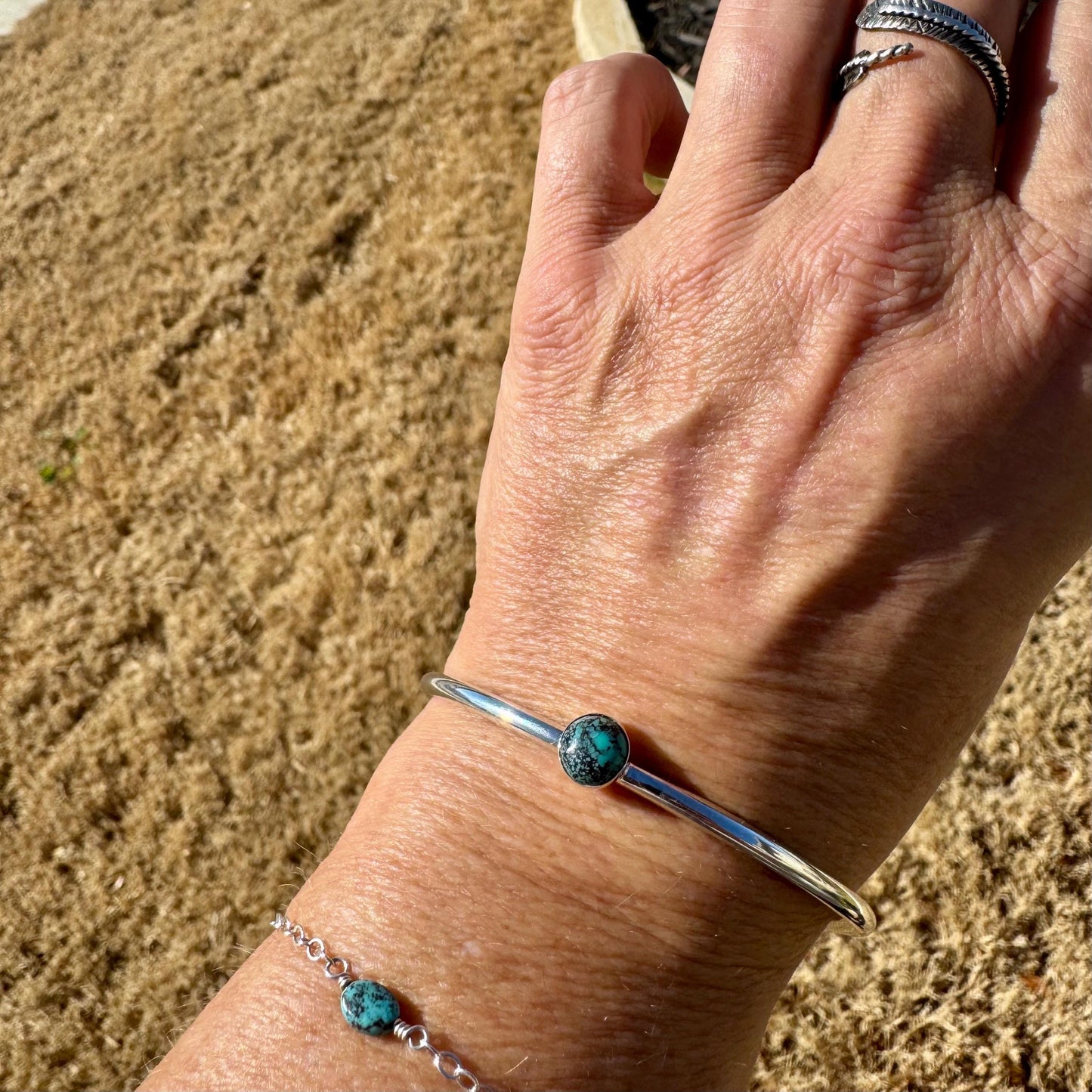 Blue Moon Turquoise Sterling Silver Bracelet –Cabochon Handmade Adjustable Cuff Jewelry