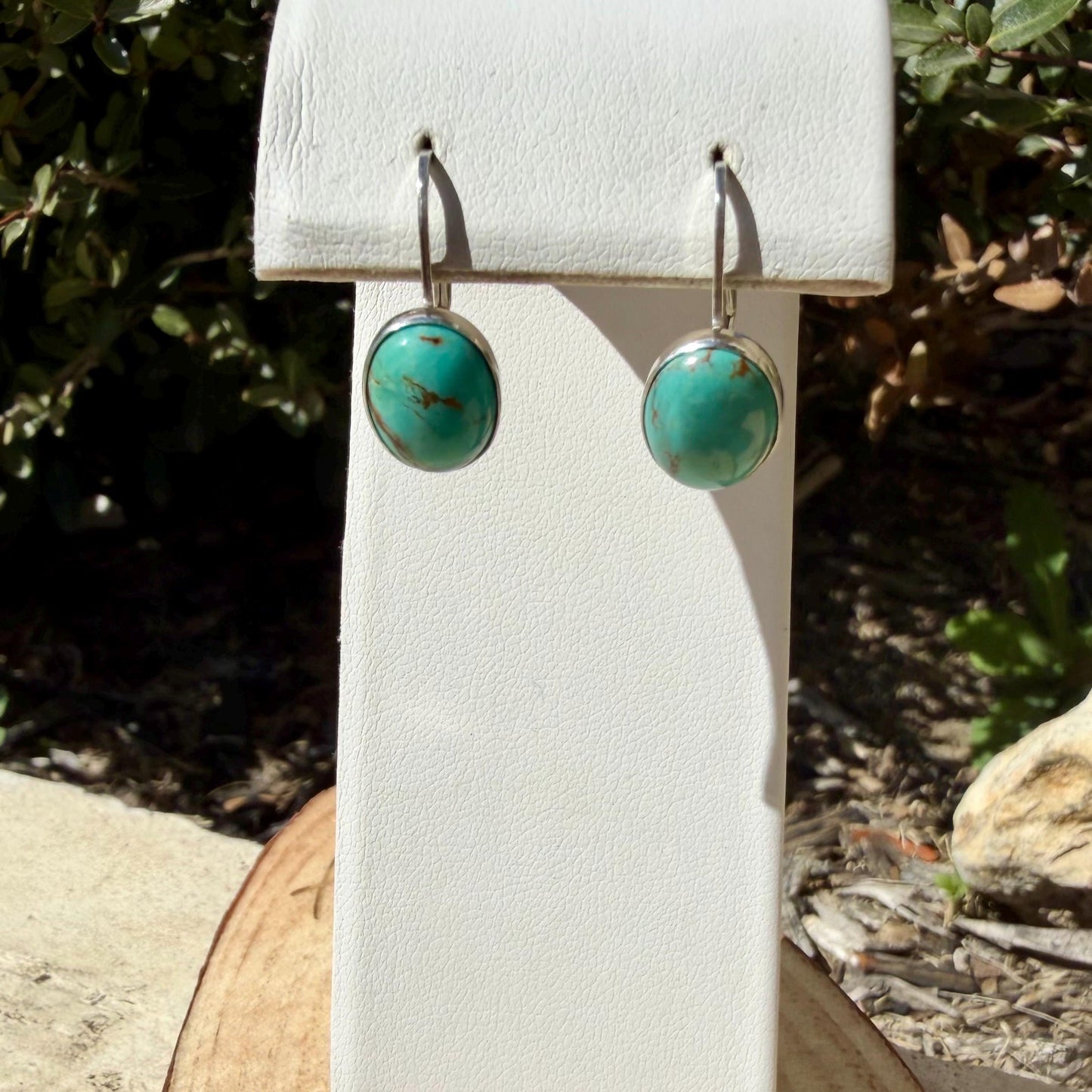 Kingman Turquoise Earrings • Sterling Lever Back • 8×10 Oval Cabochon • Blue Green Gemstone Dangle
