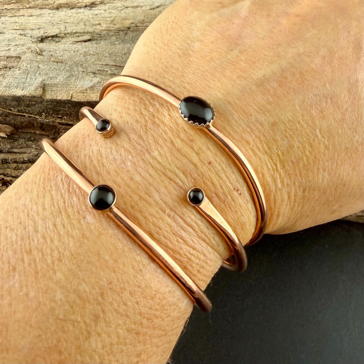 Black Onyx Copper Cuff Bracelet Set • Hand‑Forged Stack of 3 Gemstone Cuffs