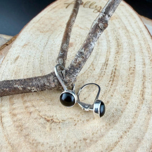 Sterling Silver Lever-Back Black Onyx Earrings • 6mm Round Cabochon • Minimalist Style
