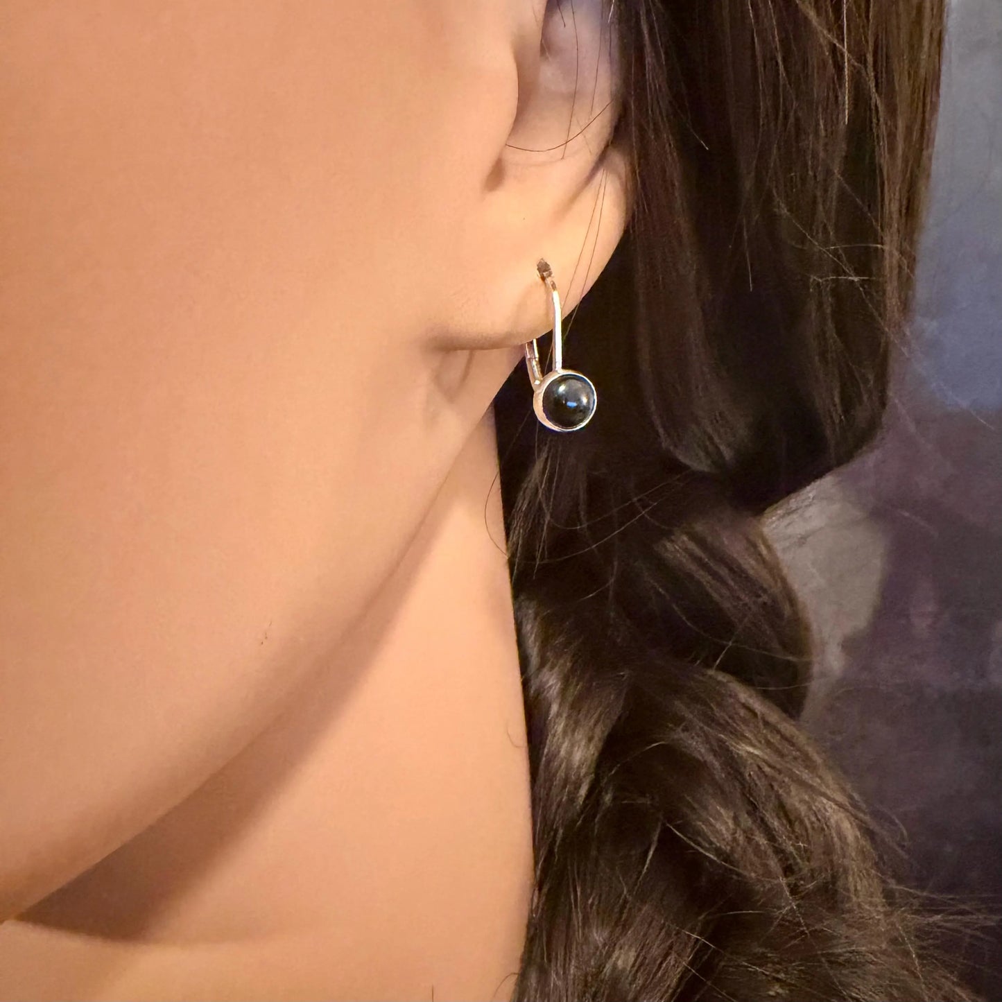 Sterling Silver Lever-Back Black Onyx Earrings • 6mm Round Cabochon • Minimalist Style