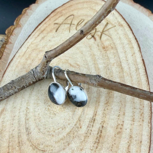Sterling Lever-Back White Buffalo Earrings • 8x10 Oval Cabochon with Black-White Matrix
