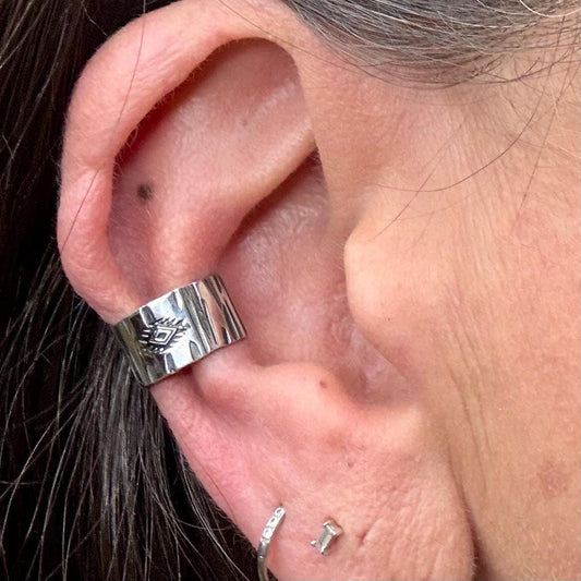 Sterling Silver Textured Southwest Design Embossed Ear Cuff | Wide Conch Band | No-Piercing Earring