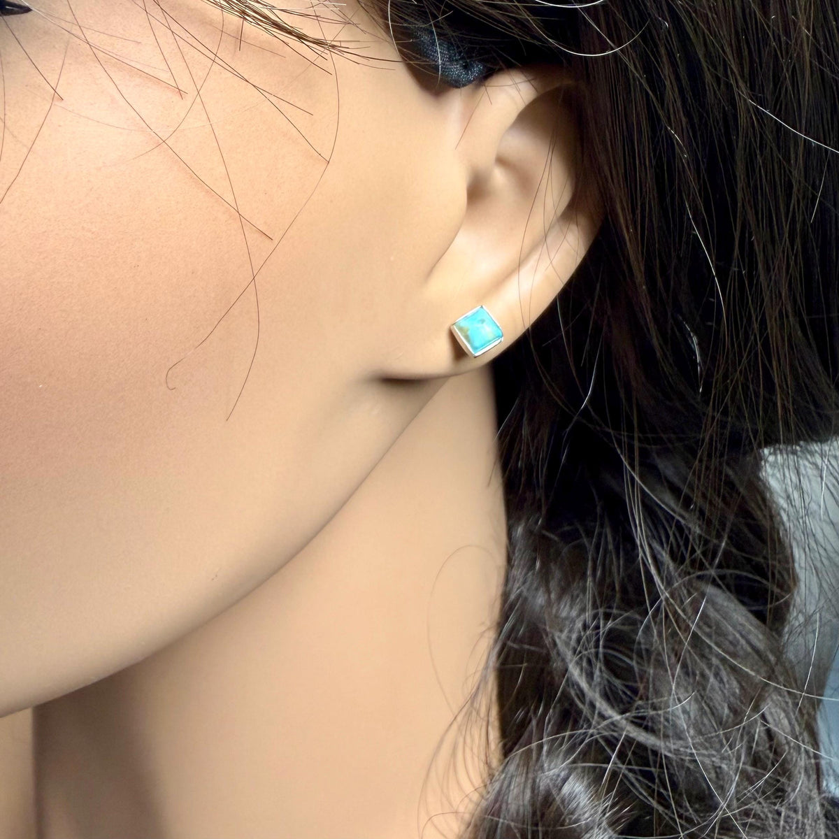 5mm Turquoise Stud Earrings Sterling Silver • Square Kingman Blue or Green Cab Posts
