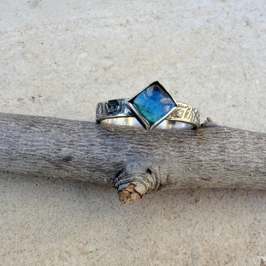 Sterling Silver Rectangle Band Ring with Blue-Fire Labradorite • 6mm Cabochon