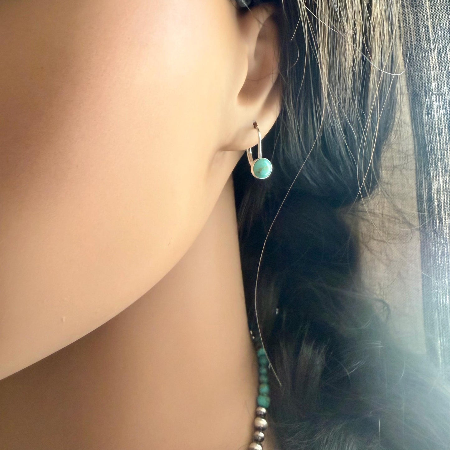 Kingman Turquoise Lever Back Earrings • 6mm Round Cabochon • Sterling Silver Dangle