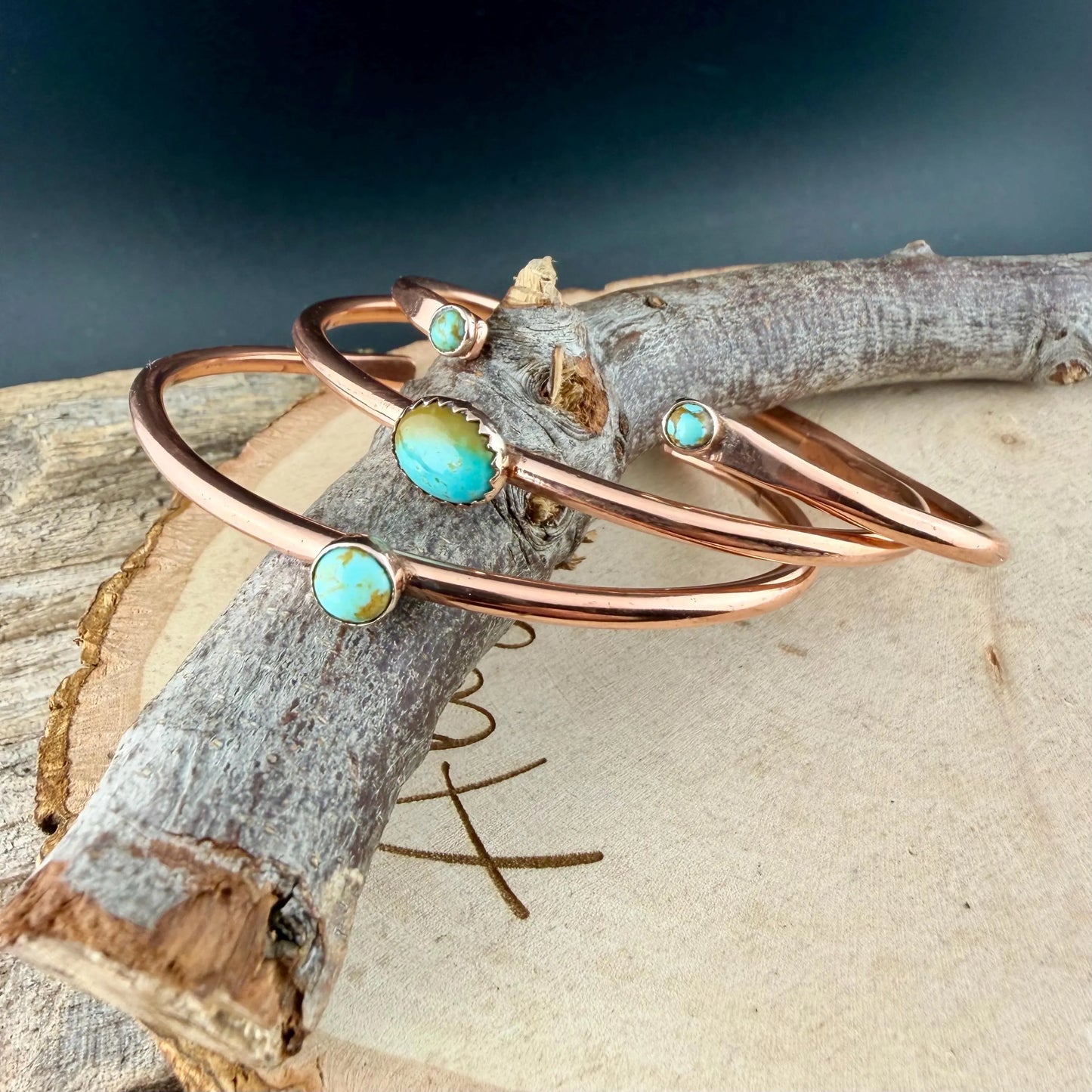 Kingman Turquoise Copper Cuff Bracelet Set • Hand‑Forged Stack of 3 Gemstone Cuffs