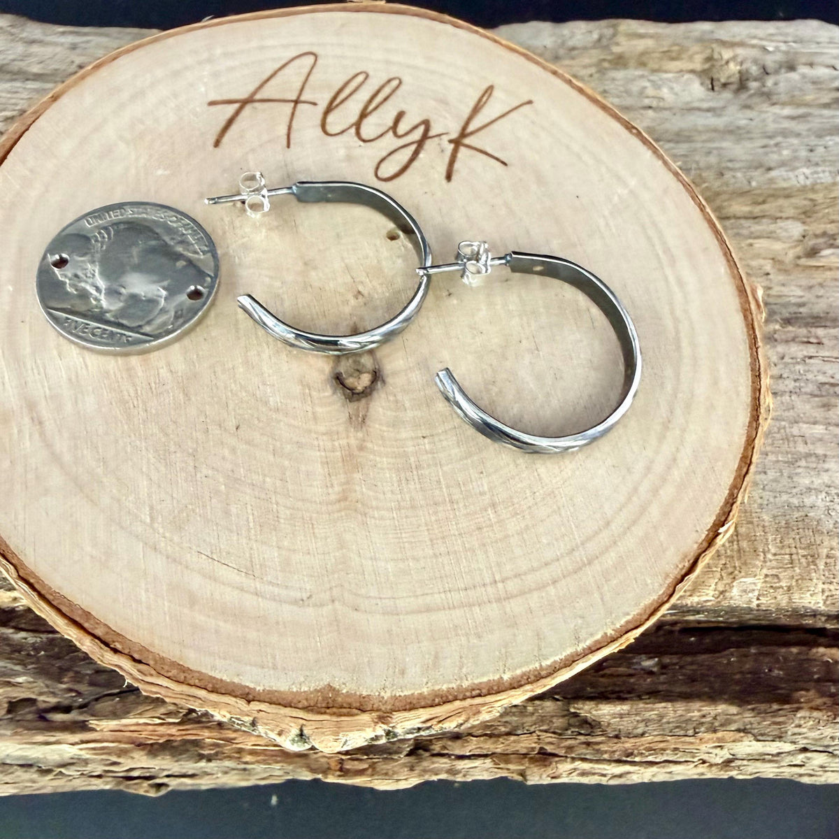 Argentium Silver Hoop Earrings • Push‑Back Post Hoops • Floral Leaf Pattern • Lightweight 925