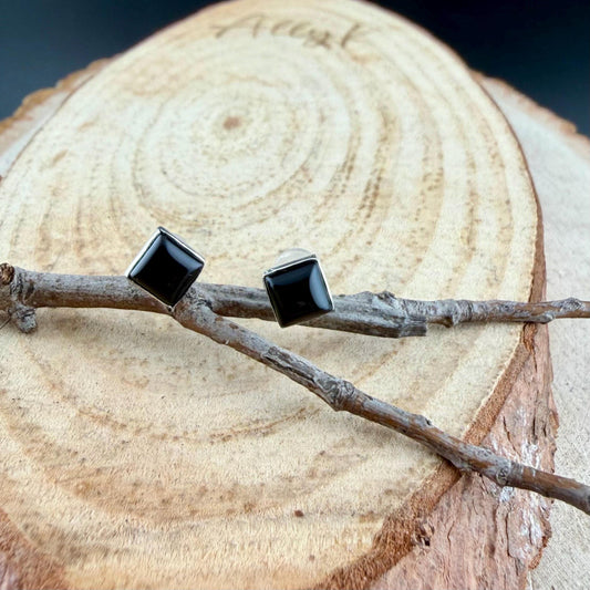 Black Onyx Stud Earrings • 5mm Square • Sterling Silver Minimalist Posts