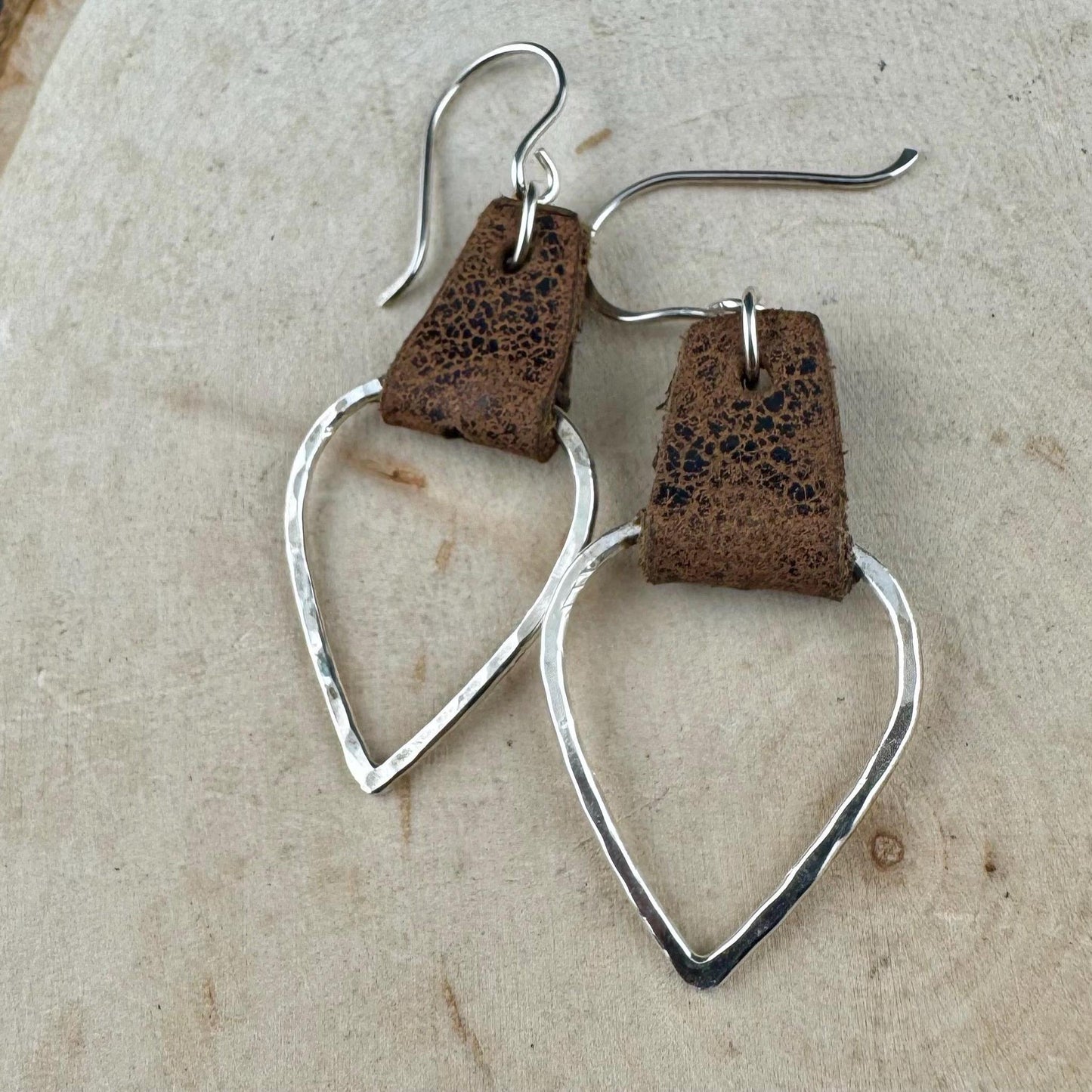 Sterling Silver & Leather Earrings • Hammered Teardrops • Distressed Black or Brown Leather