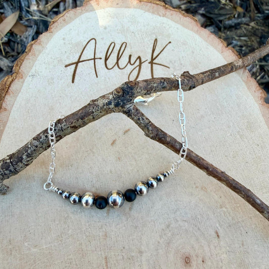 Navajo Pearl & Onyx Graduated Bar Chain Bracelet | Sterling Silver Southwest Elegance