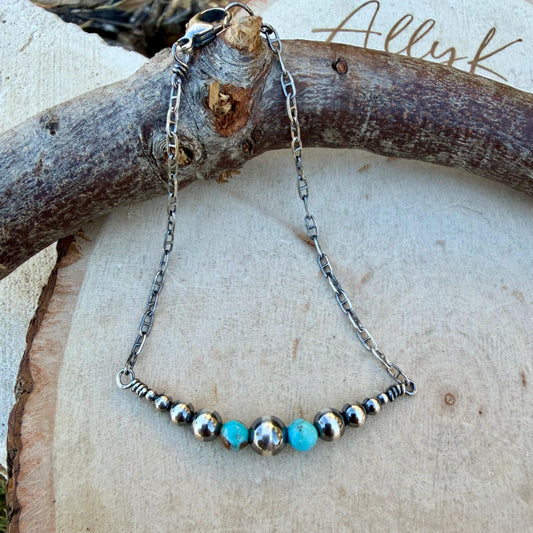 Navajo Pearl & Turquoise Graduated Bar Chain Bracelet | Sterling Silver Southwest Elegance