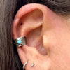 4mm Kingman Turquoise Ear Cuff • Sterling Silver Tree‑Bark Texture • Faux Conch • No Piercing