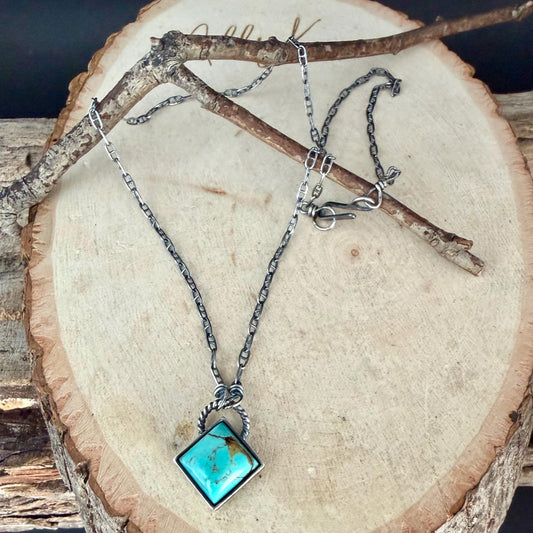 Kingman Turquoise Pendant Necklace • 10mm Turquoise Stone • Sterling Silver Mariner Chain