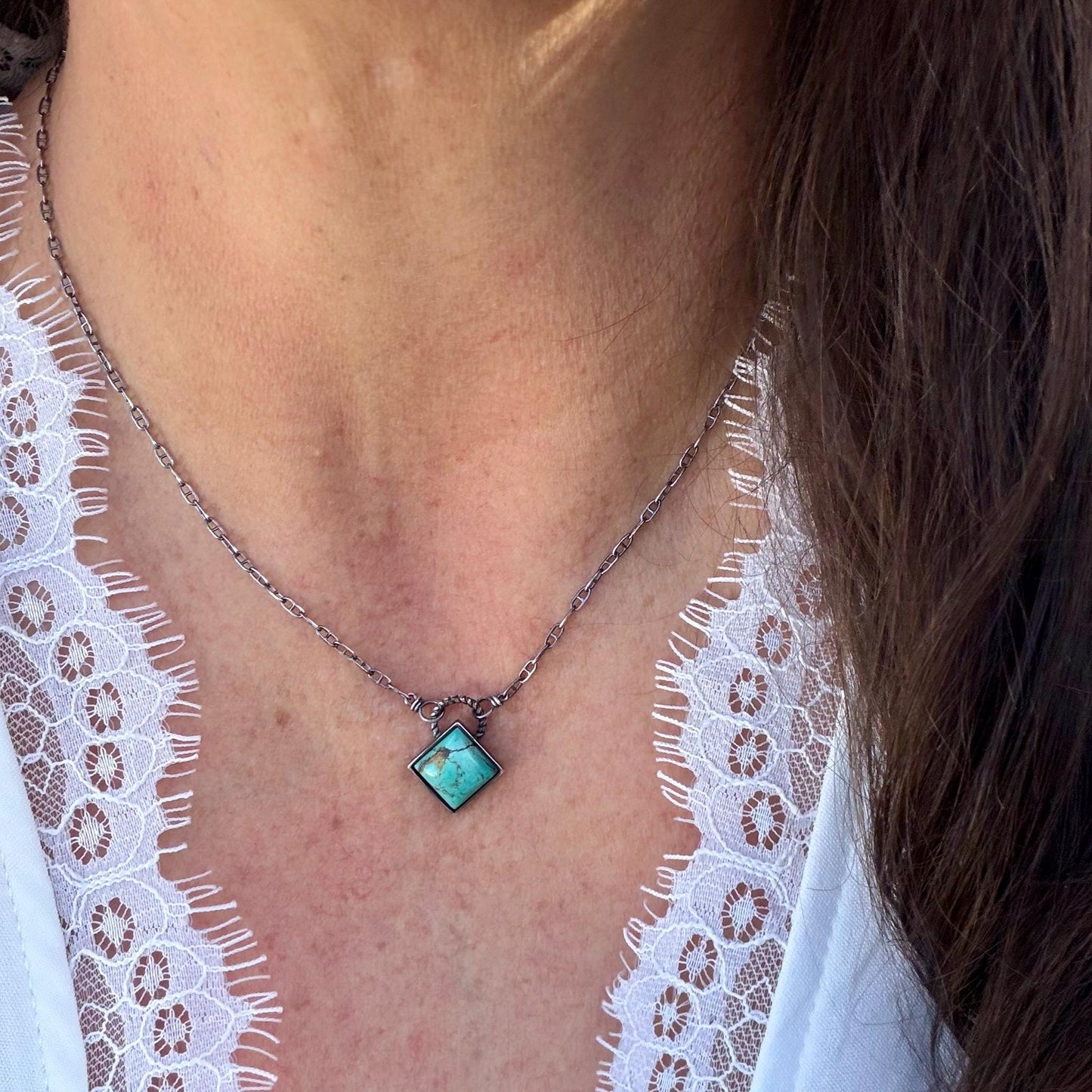 Kingman Turquoise Pendant Necklace • 10mm Turquoise Stone • Sterling Silver Mariner Chain