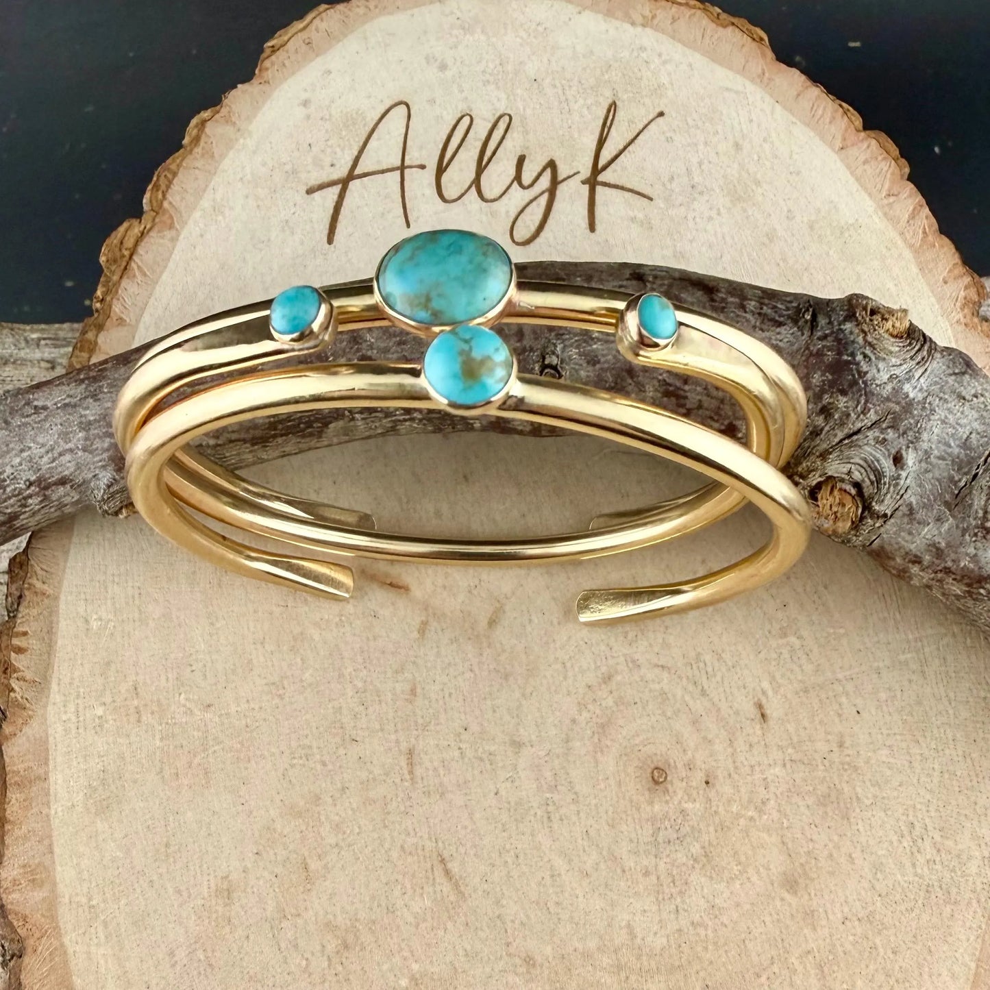 Rustic Brass Cuff Set with Kingman Turquoise • Handcrafted 3-Piece Bracelet Collection