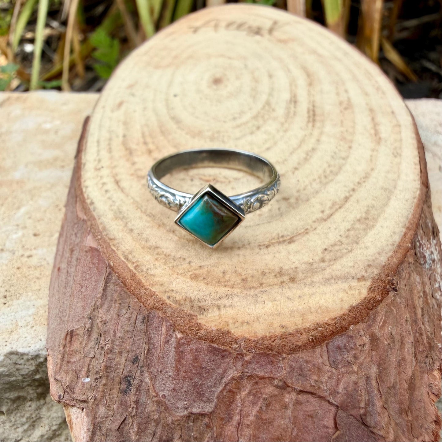 Kingman Turquoise Square Ring • 6mm Sterling Silver Stacking Band • Southwest Jewelry