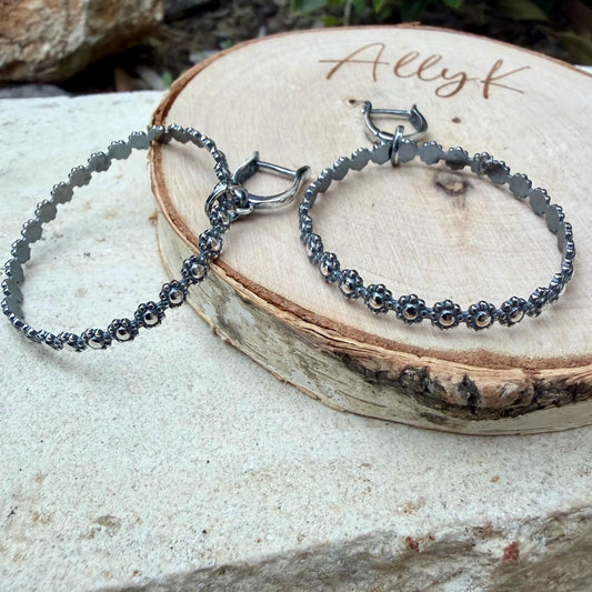 Sterling Silver Lever‑Back Hoop Earrings • Bali Berry Floral Patterned Wire • Handmade Hoops