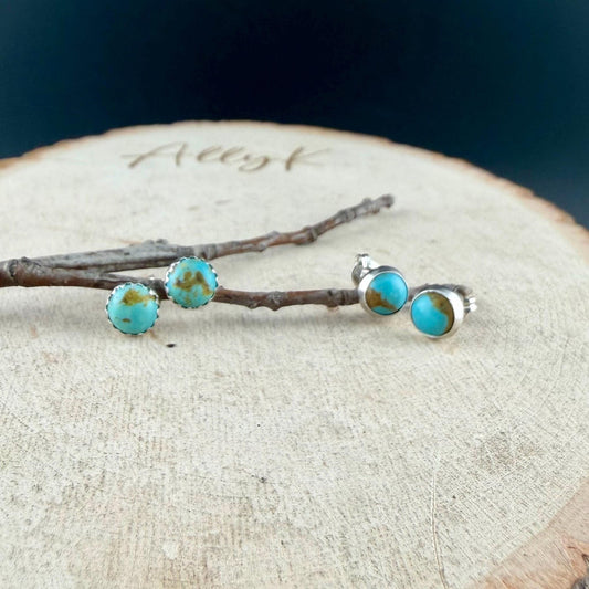 6mm Kingman Turquoise Stud Earrings • Sterling Silver • Smooth or Serrated Bezel