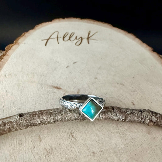 Kingman Turquoise Square Ring • 6mm Sterling Silver Stacking Band • Southwest Jewelry