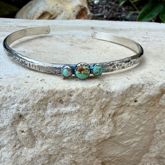 Sterling Silver Cuff Bracelet • Number 8 Turquoise • Hammered Triple Stone Cuff