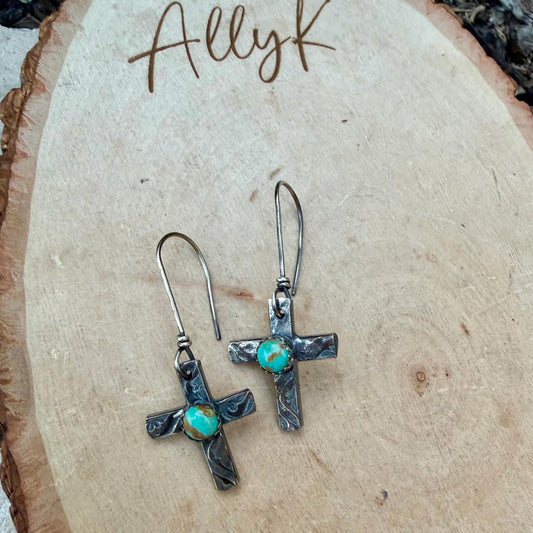 Sterling Silver Cross Earrings • Kingman Turquoise • Handmade Southwest Jewelry