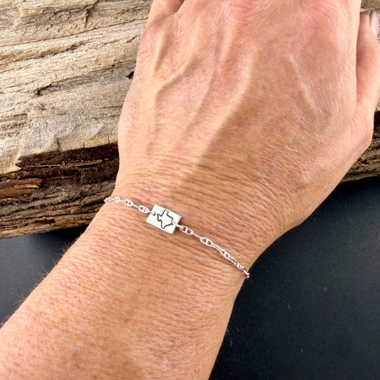 Sterling Silver Texas Bracelet • Handmade Embossed State Charm • Southwest Jewelry
