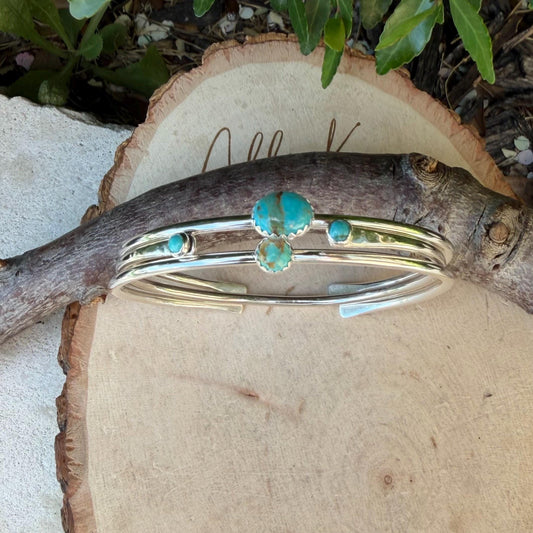Sterling Kingman Turquoise Cuff Bracelet Set • Hand‑Forged Three‑Piece Stack