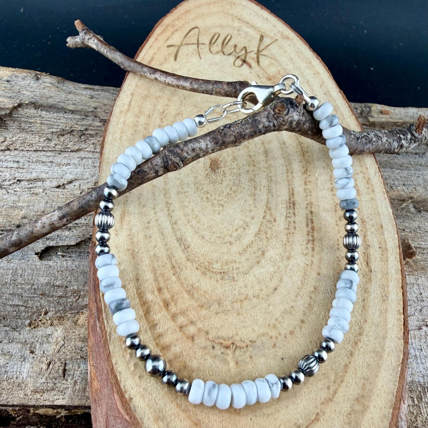 Desert Pearl & White Howlite Bracelet • Sterling Silver Stacker • Southwestern Jewelry