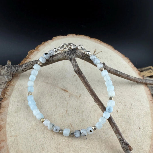 Aquamarine Lapis Moonstone Bracelet • Rainbow Moonstone–Tourmaline • Sterling Silver Stacker