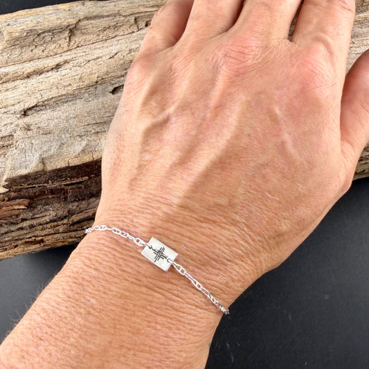 Sterling Silver Zia Sun Bracelet • Handmade Embossed Southwest Symbol • Dainty Jewelry