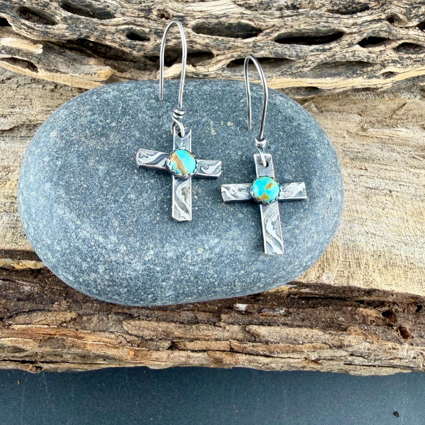 Sterling Silver Cross Earrings • Kingman Turquoise • Handmade Southwest Jewelry