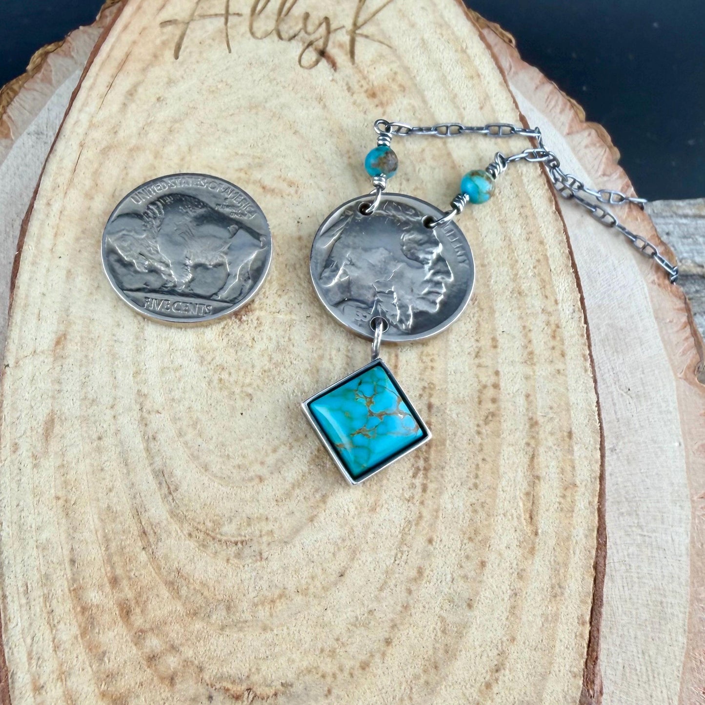 Buffalo Nickel Kingman Turquoise Necklace • Sterling Silver Stacked Drop Pendant • Vintage Coin Choker