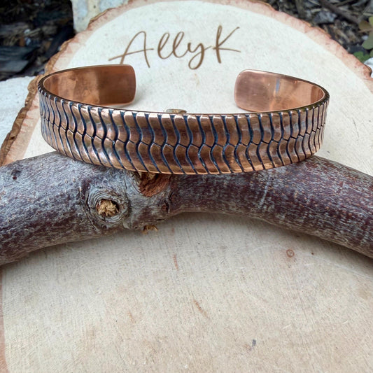Herringbone Copper Cuff Bracelet – Rustic Antique Patina Design