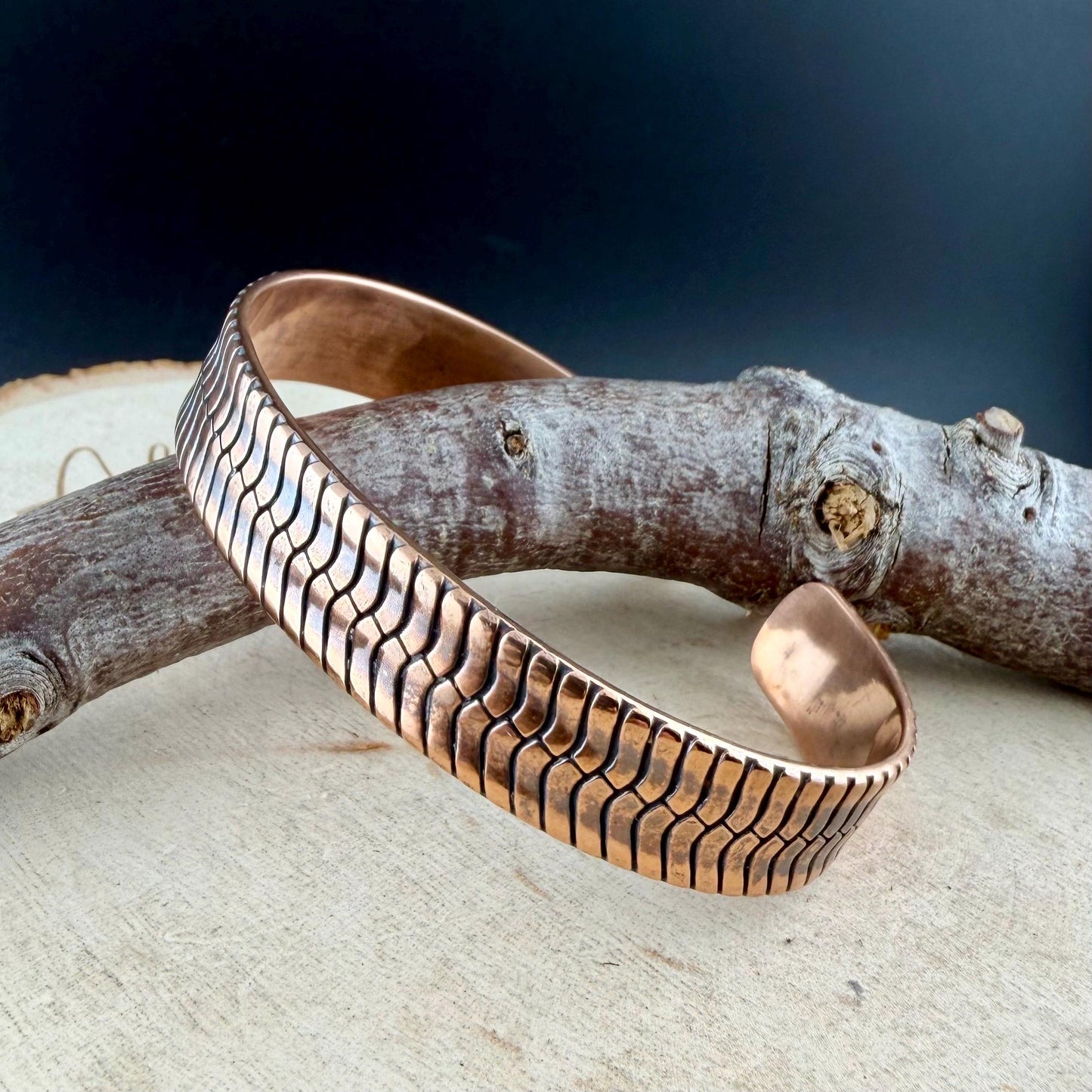 Herringbone Copper Cuff Bracelet – Rustic Antique Patina Design