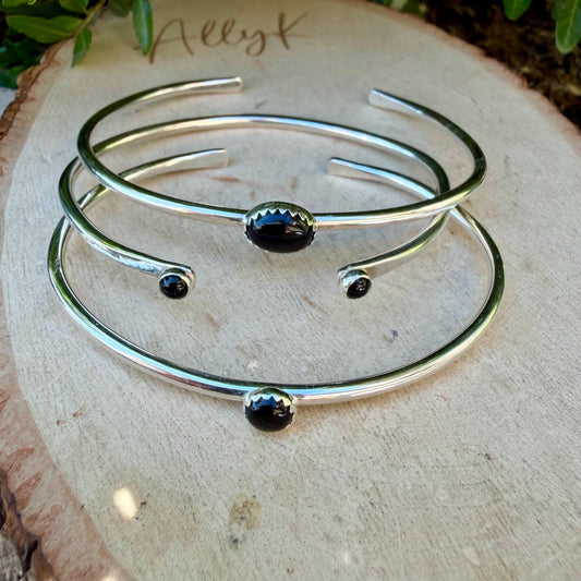 Onyx Cuff Set of 3 – Hand Forged Adjustable Sterling Silver Bracelets