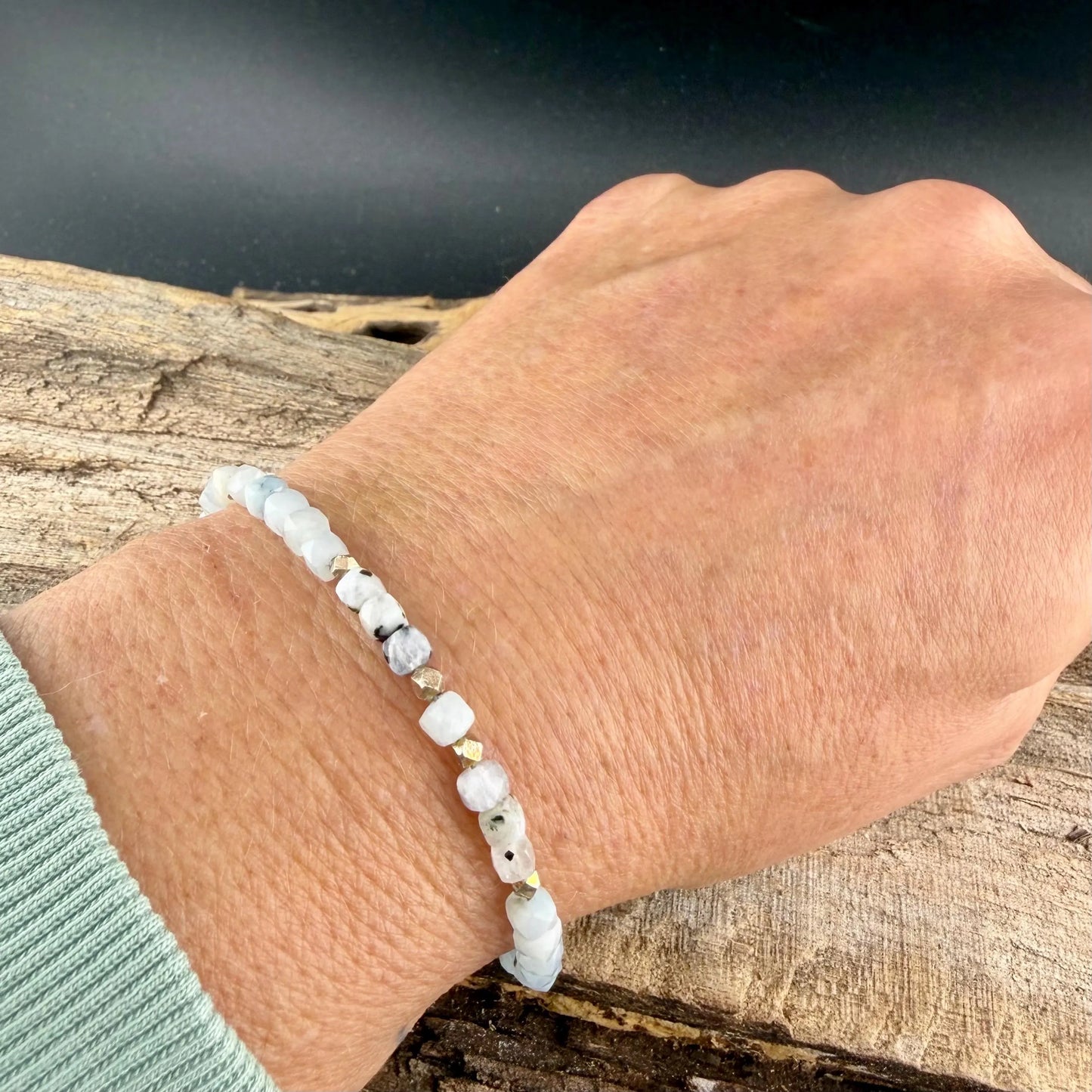 Aquamarine Lapis Moonstone Bracelet • Rainbow Moonstone–Tourmaline • Sterling Silver Stacker