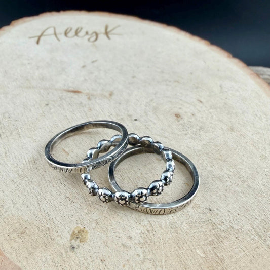 Sterling Ring Stack • 3 Ring Floral Set • Daisy Band • Rustic Silver Rings