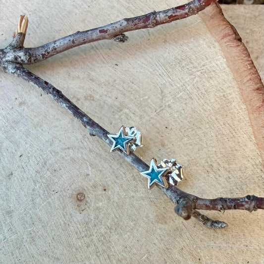Sterling Star Earrings • Turquoise Chip Inlay • Western Silver Dainty Stud Posts
