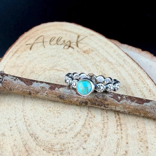 Kingman Turquoise Sterling Silver Ring • 6mm Cabochon • Floral Daisy Band • 925 Jewelry