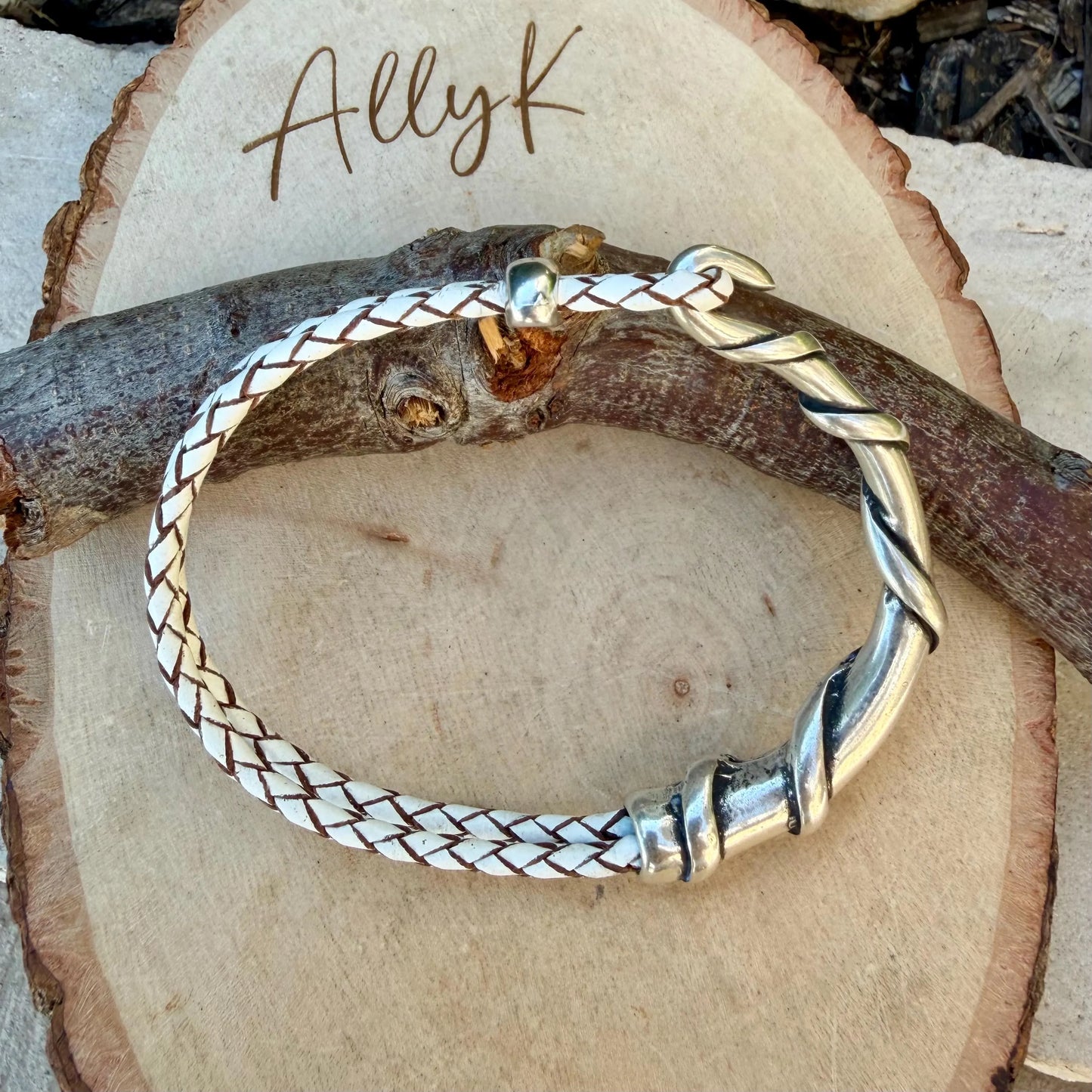 Braided Leather Wrap Bracelet with Silver Half Cuff - Rustic Style in Multiple Colors