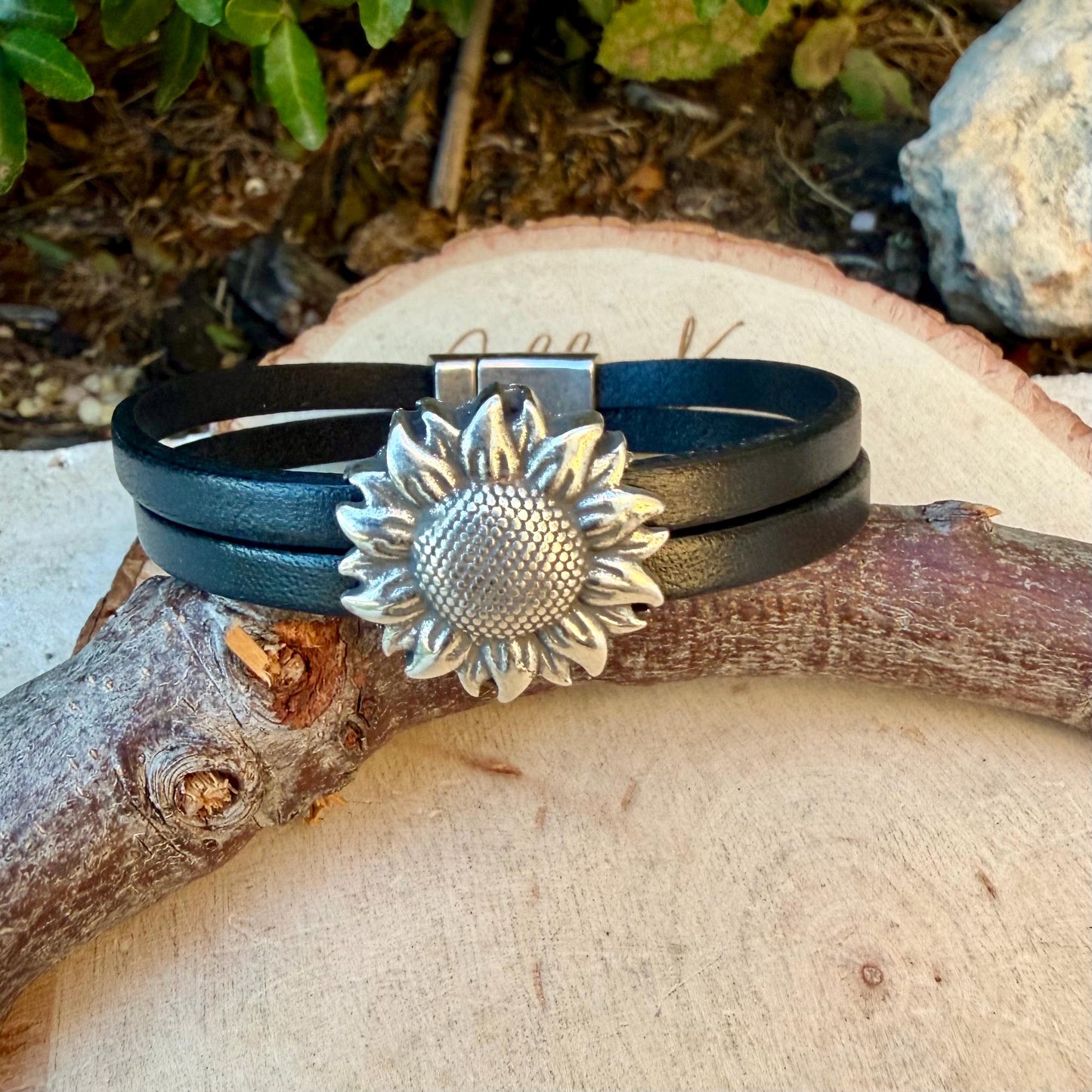 Sunflower Leather Bracelet • Double‑Strand 5mm Leather • Antique Silver Magnetic Cuff