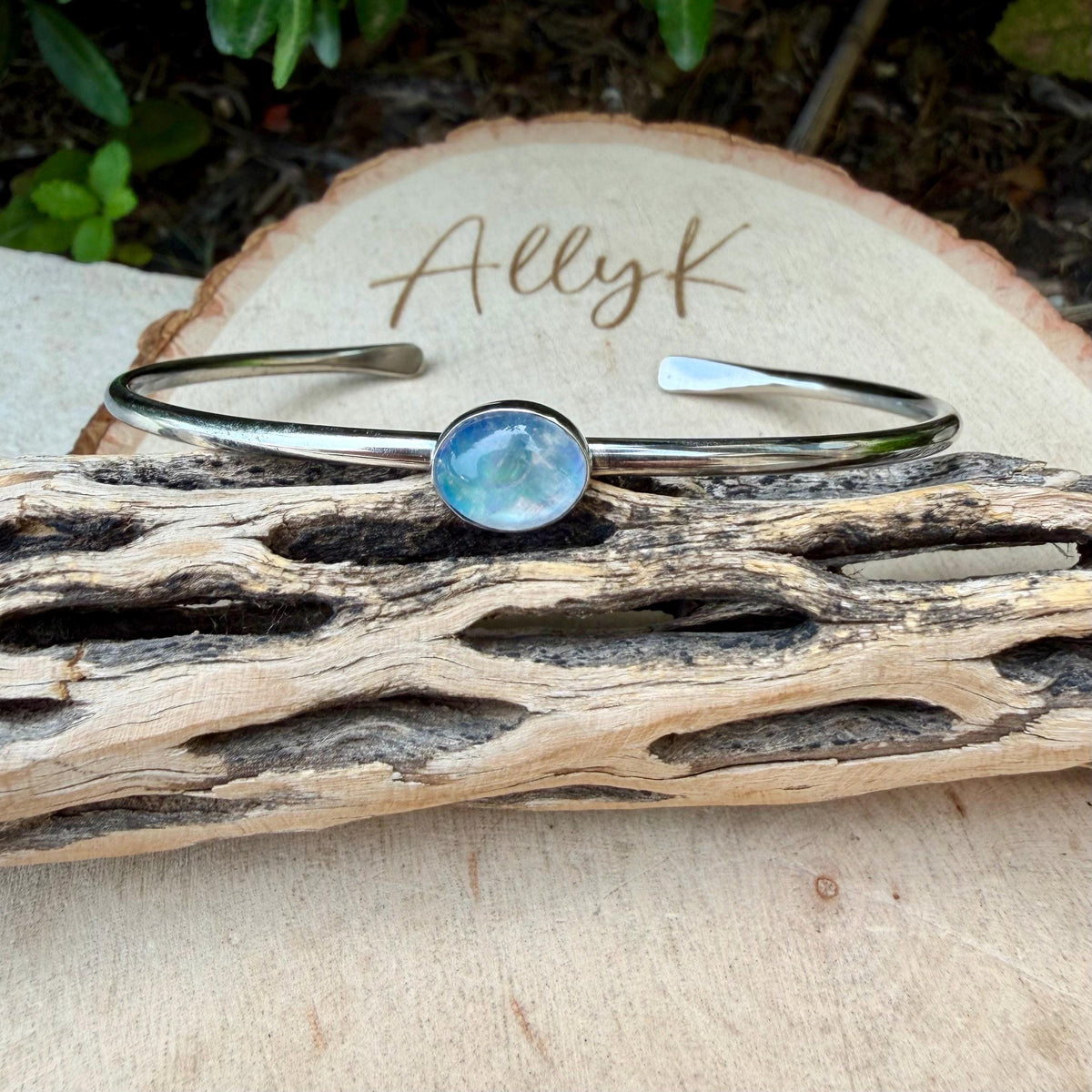 Rainbow Moonstone Cuff Set of 2 • Handmade Adjustable Sterling Silver Stack Bracelets
