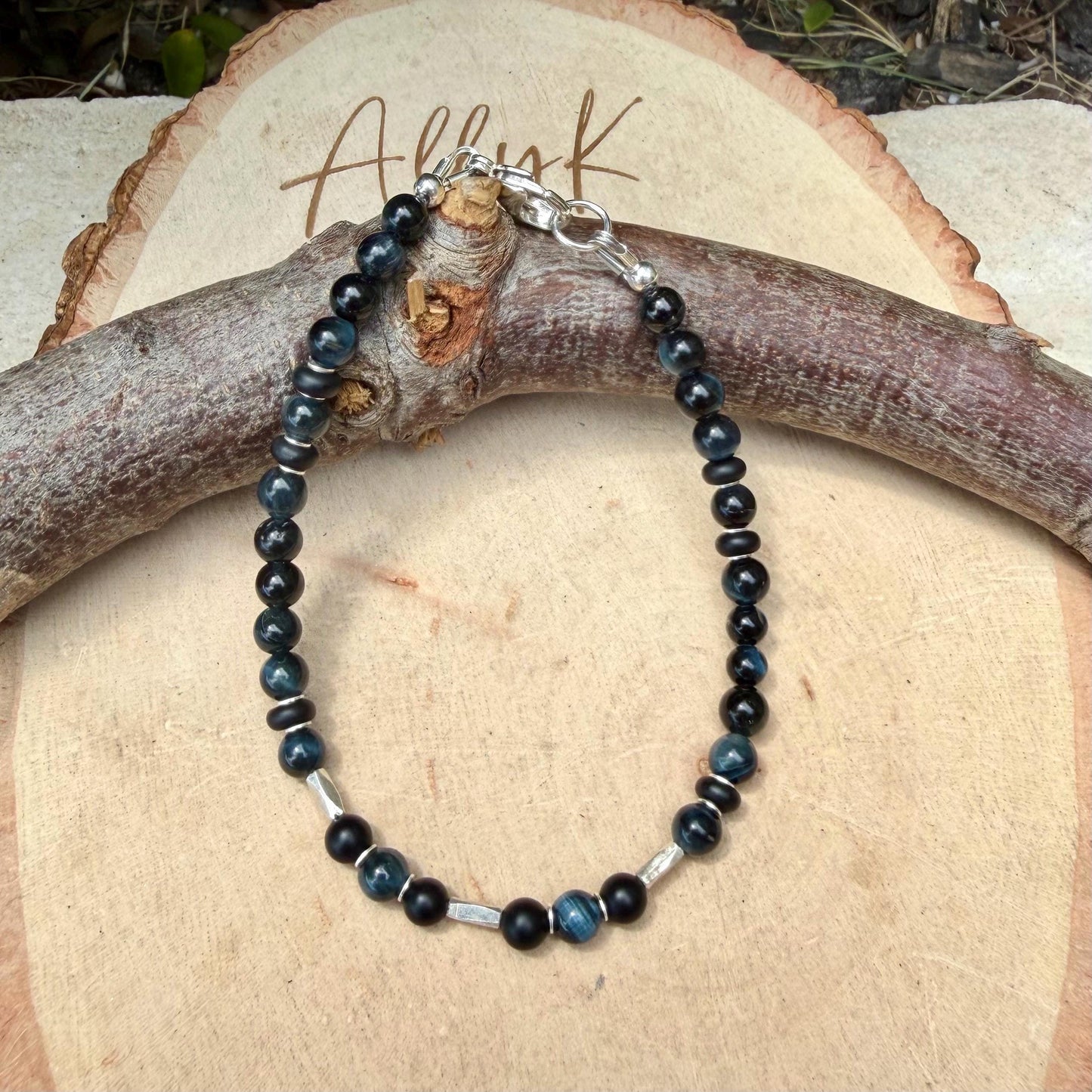 Blue Tiger’s Eye Onyx Bracelet • Hawk’s Eye • Sterling Silver Jewelry