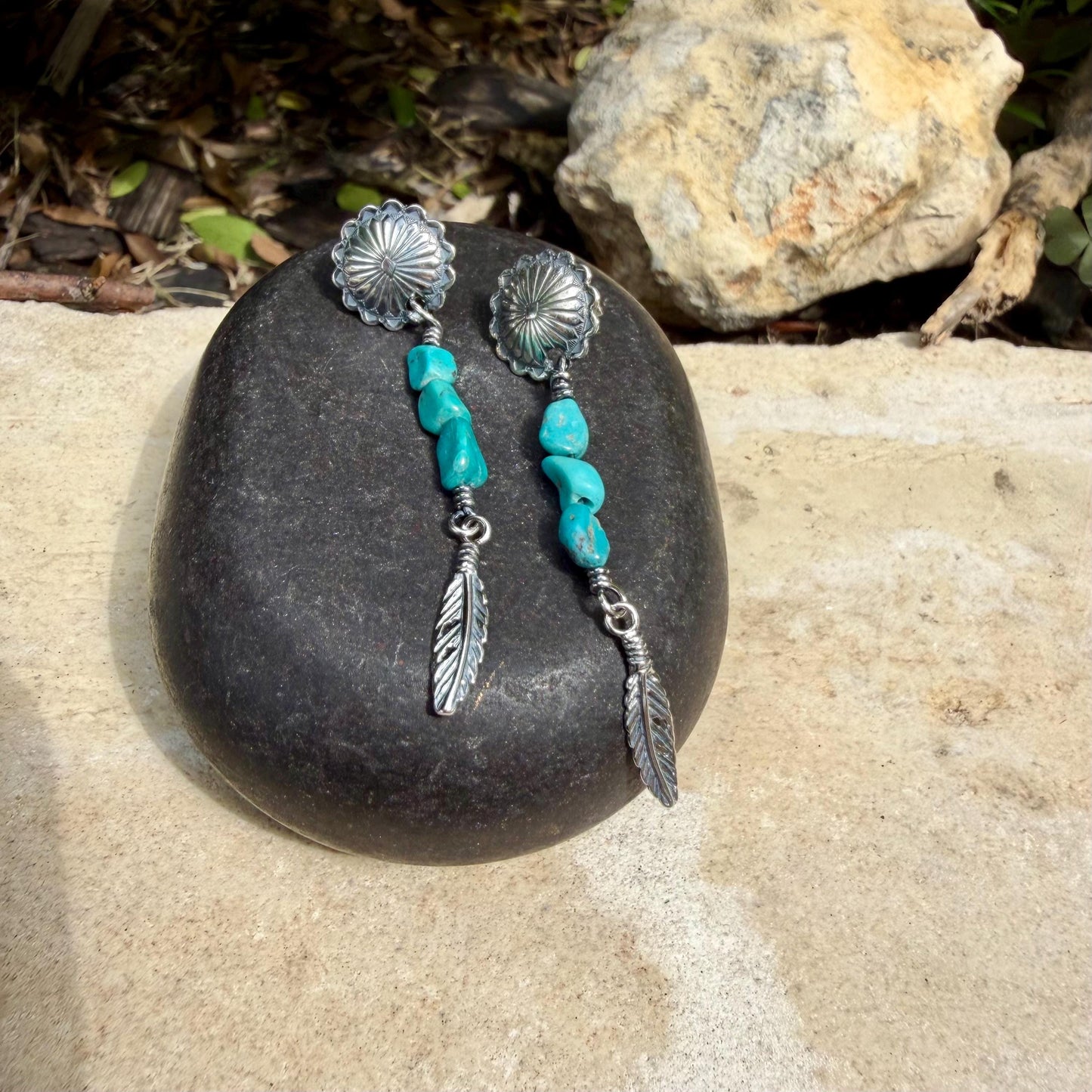 Scalloped Concho Turquoise Nugget Earrings • Sterling Silver • Feather Dangle