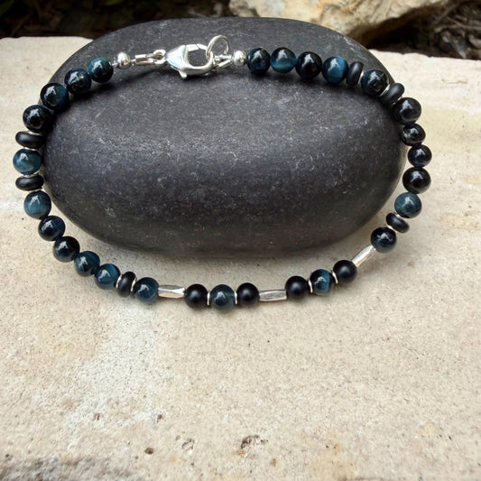 Blue Tiger’s Eye Onyx Bracelet • Hawk’s Eye • Sterling Silver Jewelry