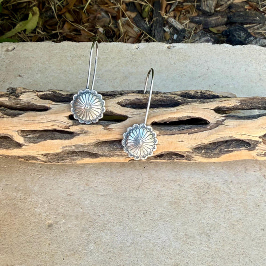 Sterling Concho Drop Earrings • Oval or Round Scalloped • Argentium Ear Wires • 18g 20g